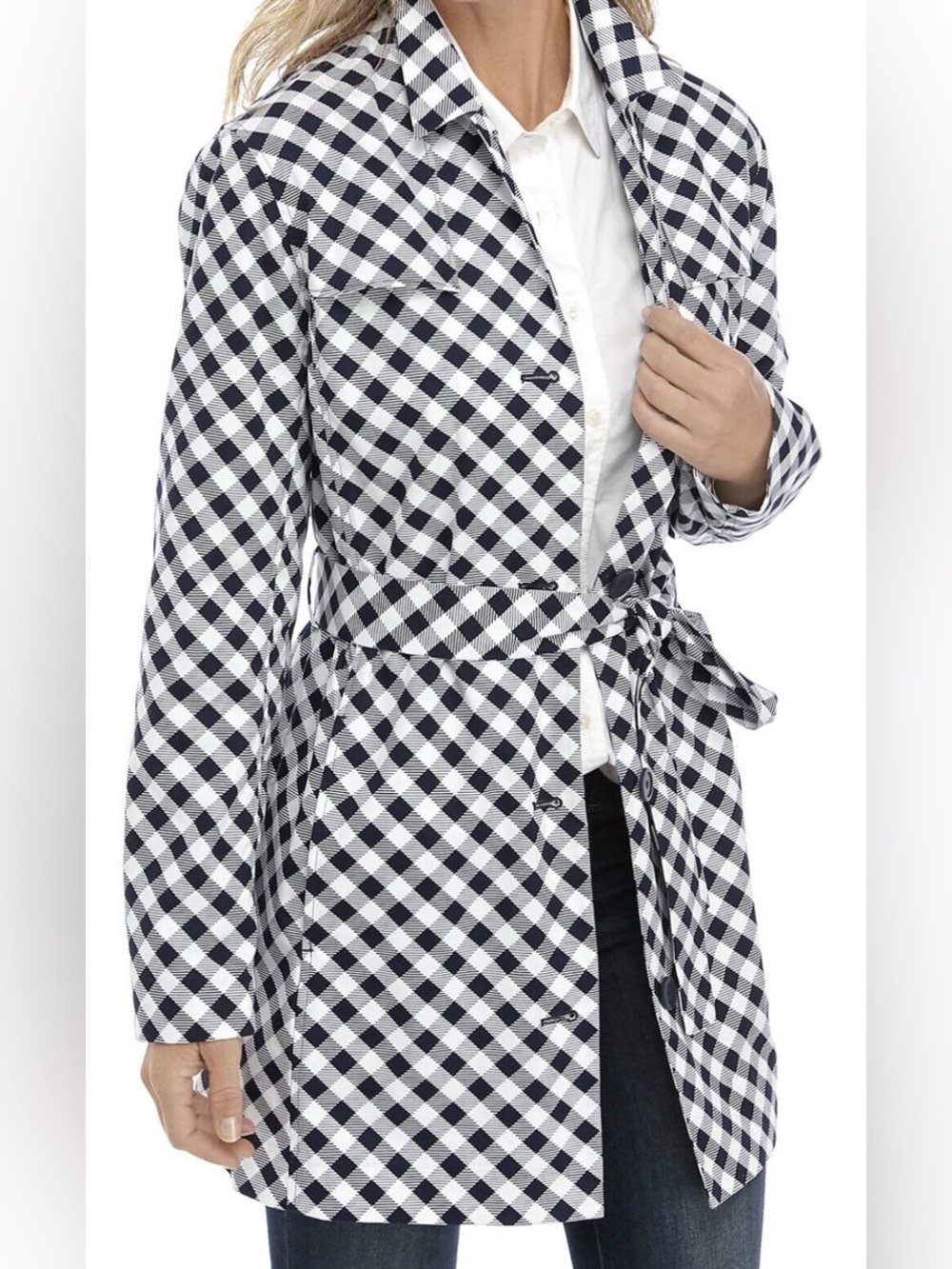 Kim Rogers Navy and White Gingham Belted Trench Coat NWOT Women’s Sz XL